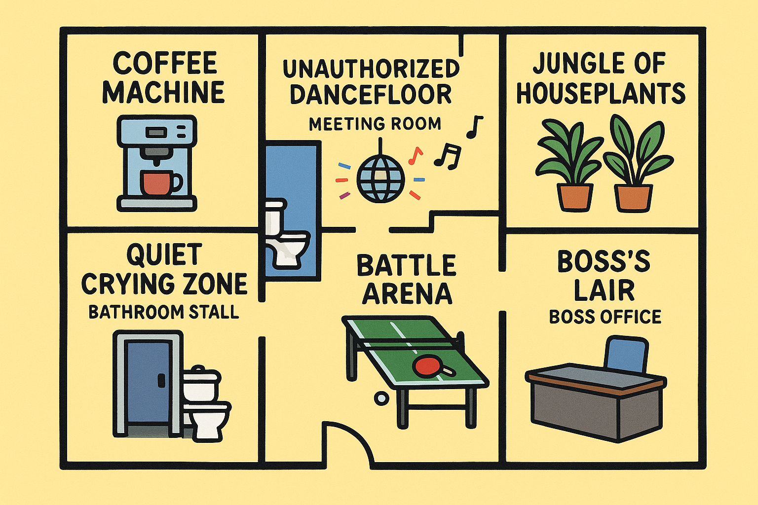 Humorous office floor plan with coffee machine, meeting room dancefloor, jungle of plants, battle arena ping-pong, quiet crying zone and boss's lair